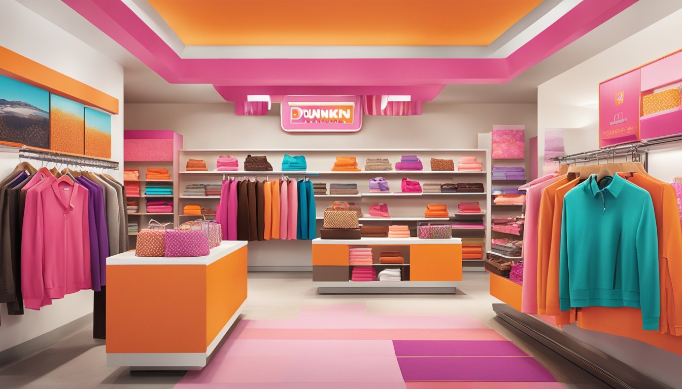 A vibrant array of clothing and accessories in Dunkin's signature colors, including orange, pink, and brown, arranged in a stylish and eye-catching display