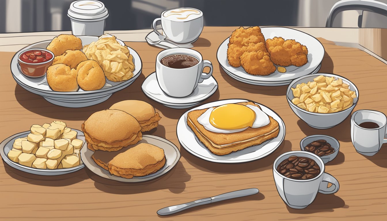 A table with a spread of breakfast items including chicken biscuits, fruit, and coffee, with the Chick-fil-A logo in the background