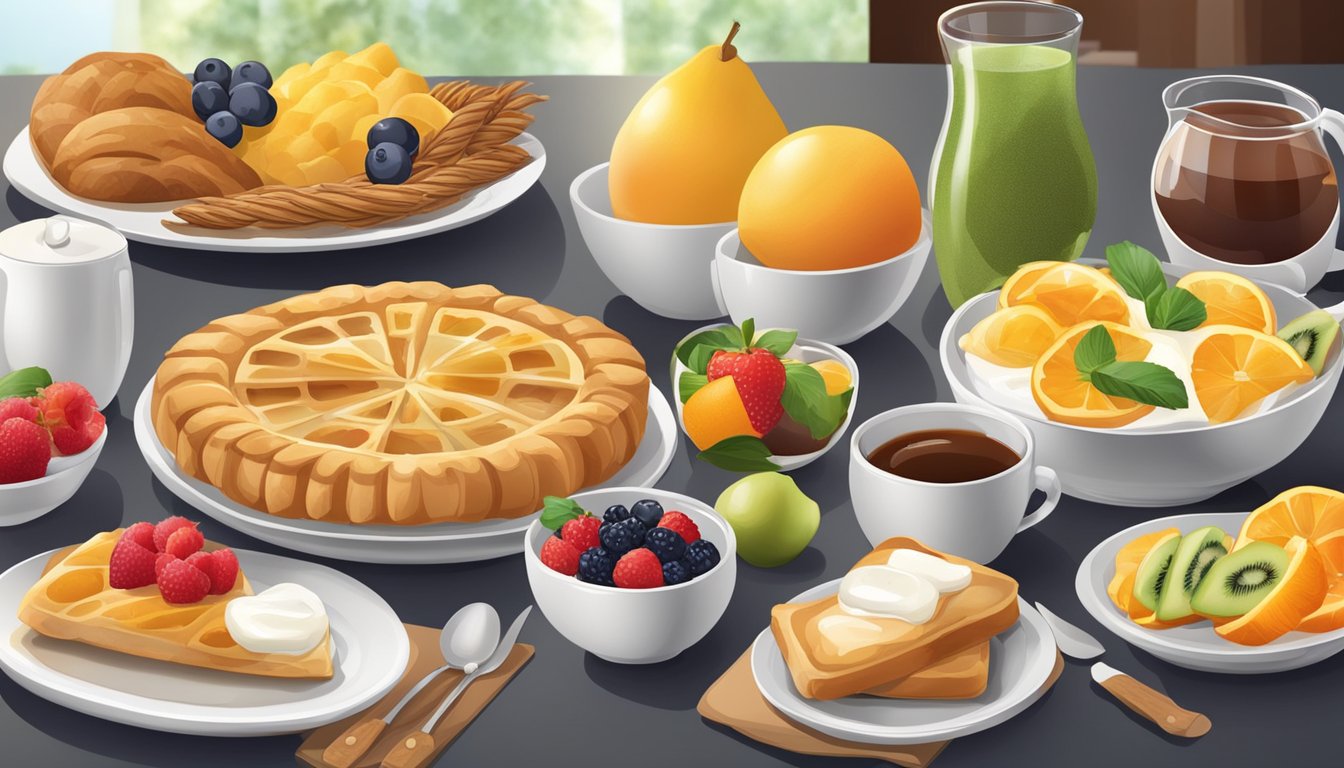 A table set with a variety of high-quality breakfast ingredients, including fresh fruits, pastries, and beverages, arranged neatly for a meeting setting