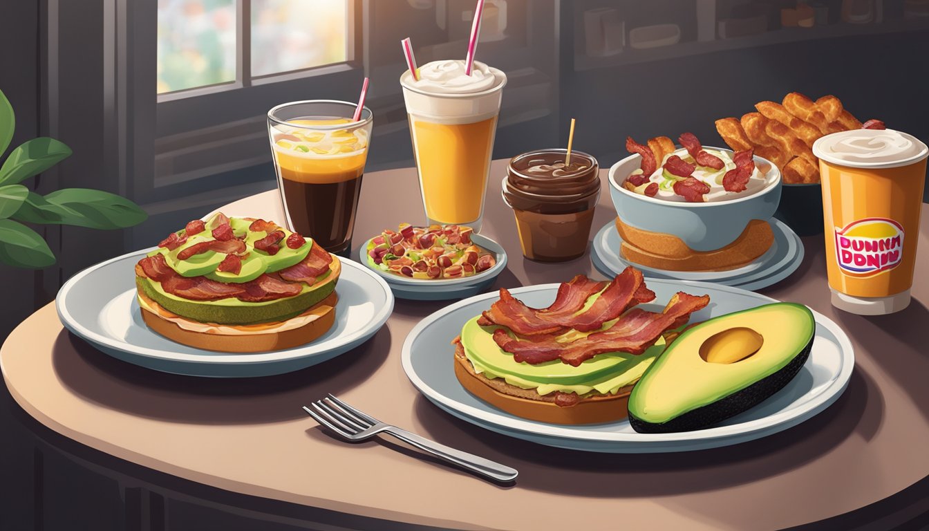 A plate with avocado toast topped with crispy bacon, surrounded by Dunkin' breakfast items, set on a dark table with a warm, cozy atmosphere