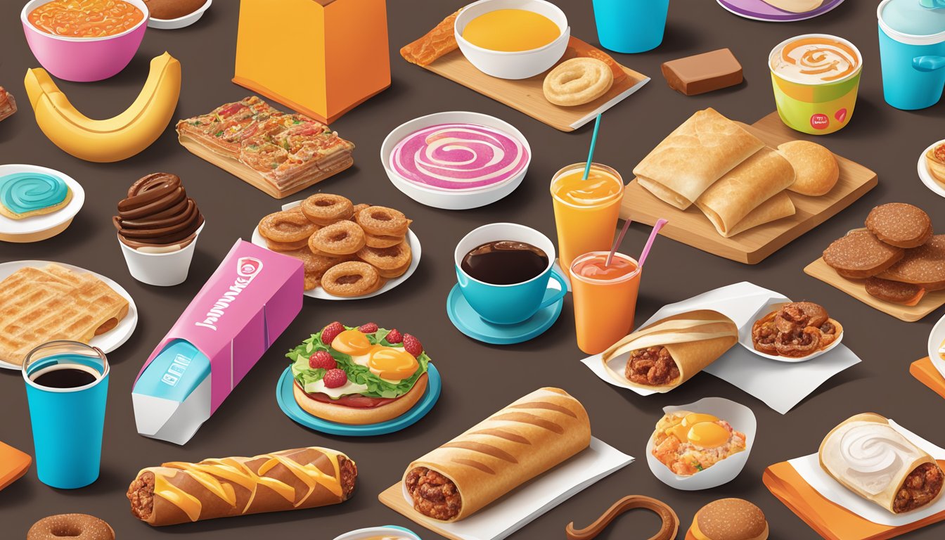 A colorful array of Dunkin' breakfast items arranged on a table, including a Turkey Sausage Wake-Up Wrap, ready to be enjoyed as late-night snacks