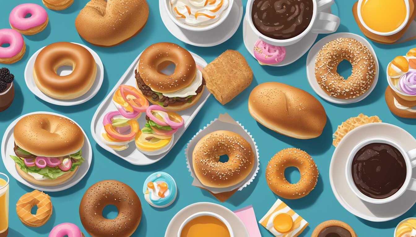 A spread of Everything Stuffed Bagel Minis surrounded by 8 Dunkin' breakfast items, with a cozy late-night snack vibe