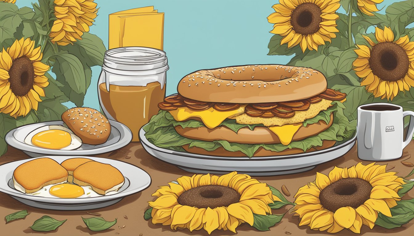 A sunflower multigrain bagel surrounded by 10 vibrant sunflowers, with a Chick-fil-A breakfast spread in the background