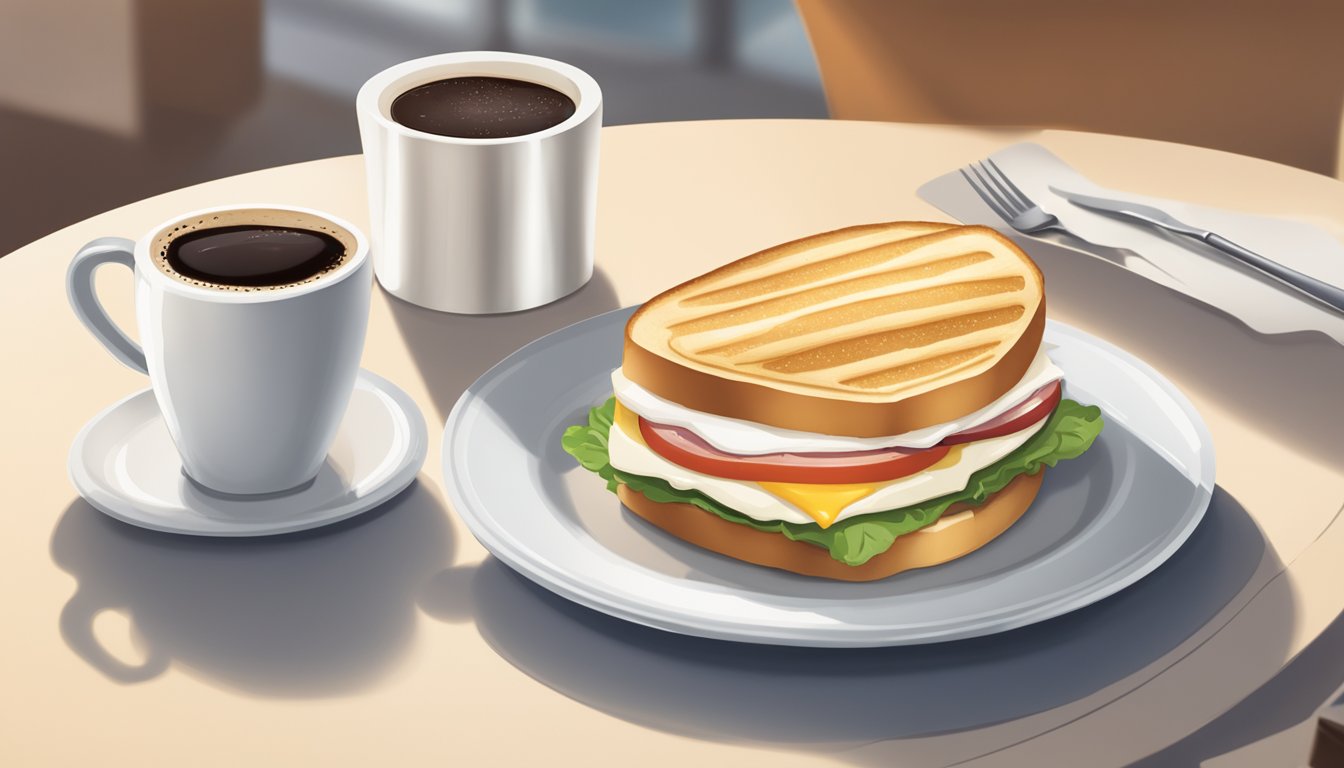 A plate with a nutritious Egg White Grill sandwich, a cup of coffee, and a Chick-fil-A logo on a table set for a breakfast meeting