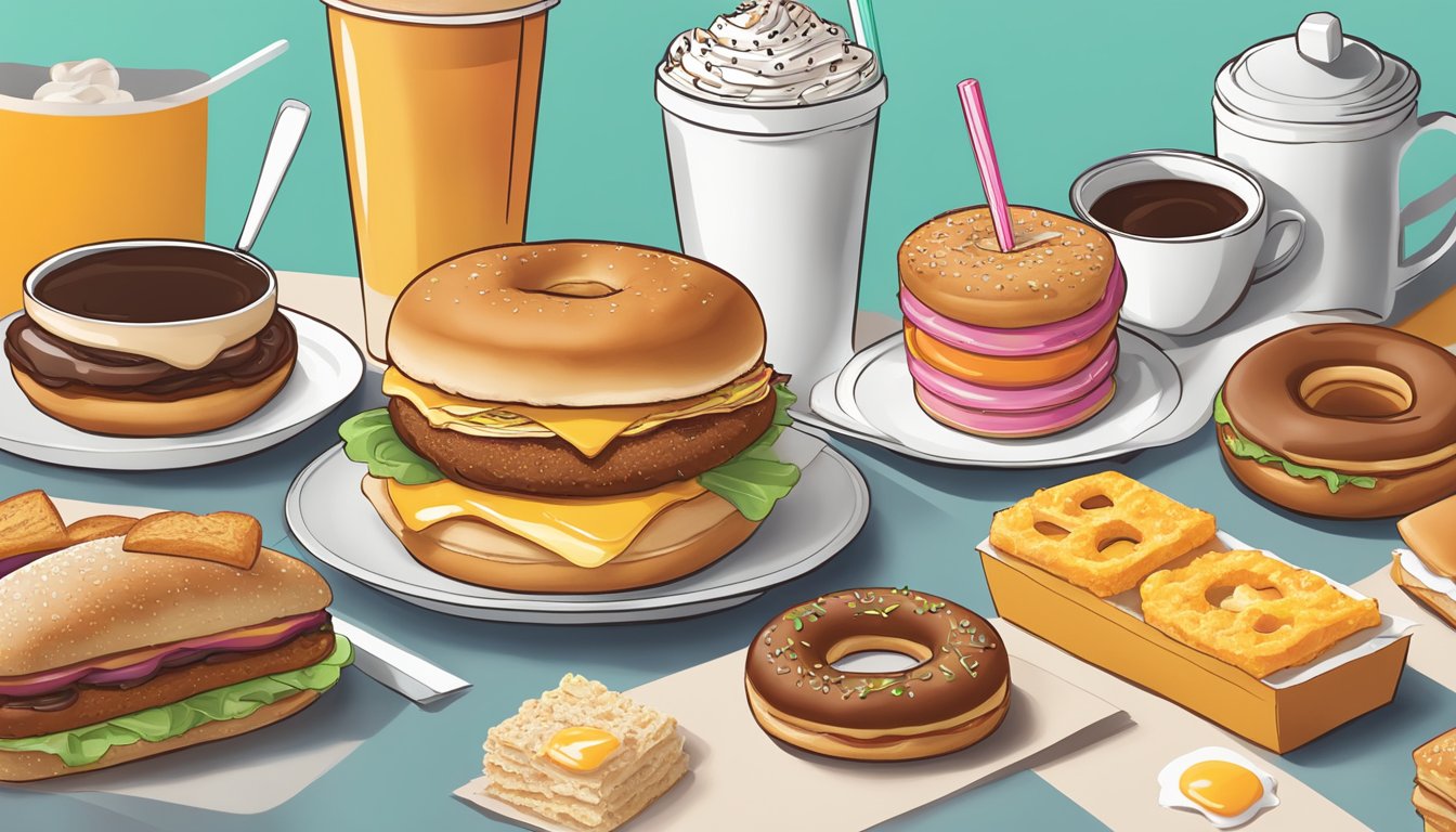 A hearty breakfast sandwich surrounded by Dunkin' breakfast items, like donuts, coffee, and hash browns, laid out on a table