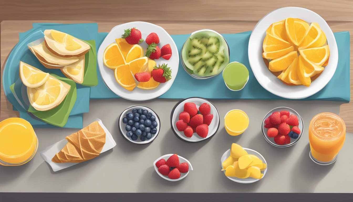 A table with a variety of colorful fruit cups arranged neatly next to a Chick-fil-A logo and breakfast items