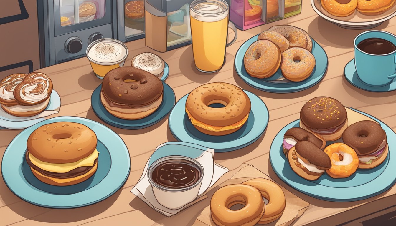 A cozy kitchen counter with a variety of Dunkin' breakfast items laid out, including muffins, donuts, and breakfast sandwiches, ready for late-night snacking