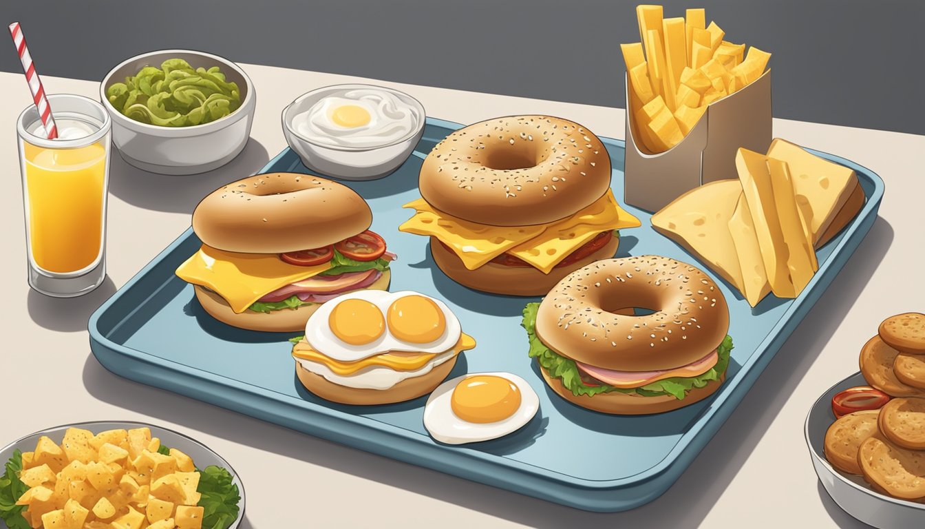 A breakfast bagel with chicken, egg, and cheese surrounded by customizable toppings and condiments on a serving tray