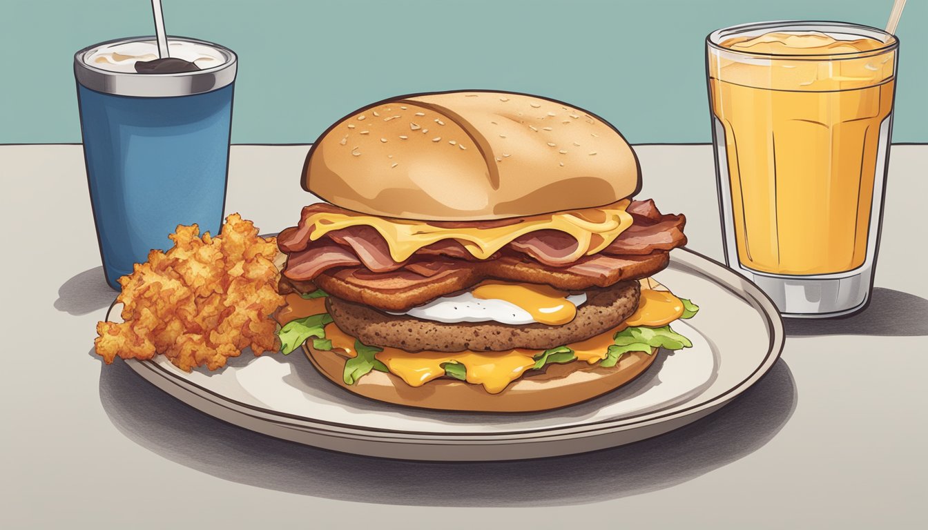 A plate with a breakfast sandwich, bacon swapped for sausage, surrounded by hash browns and a drink