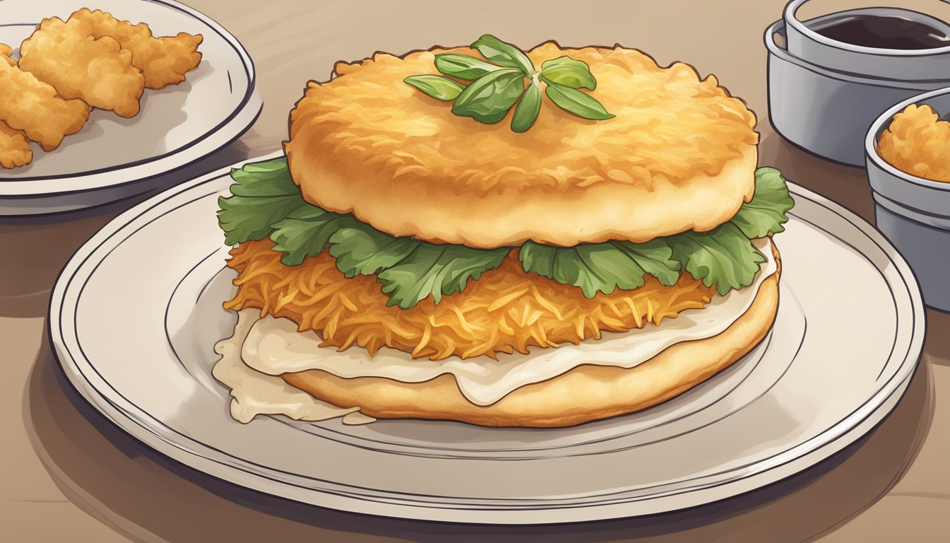 A golden-brown hash brown is placed on top of a fluffy chicken biscuit