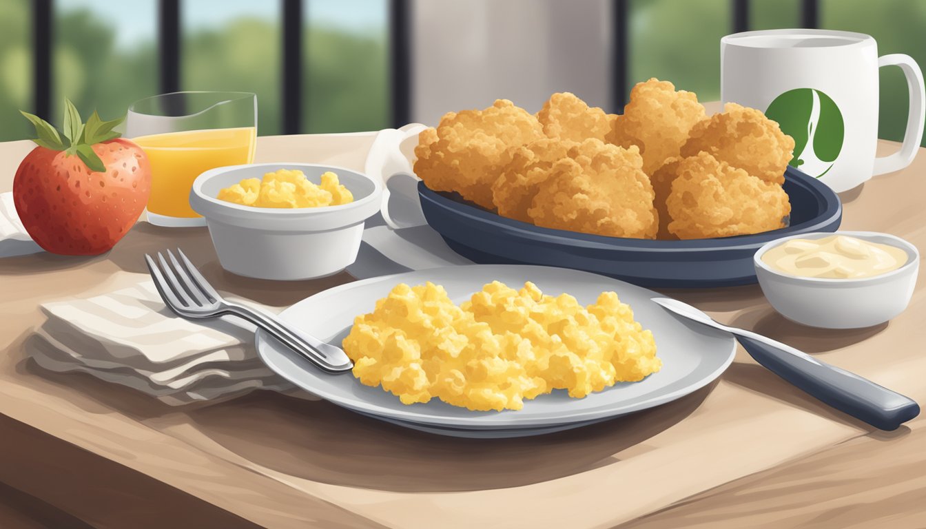 A plate of scrambled eggs with a side of fruit and a biscuit on a tray with a Chick-fil-A logo in the background