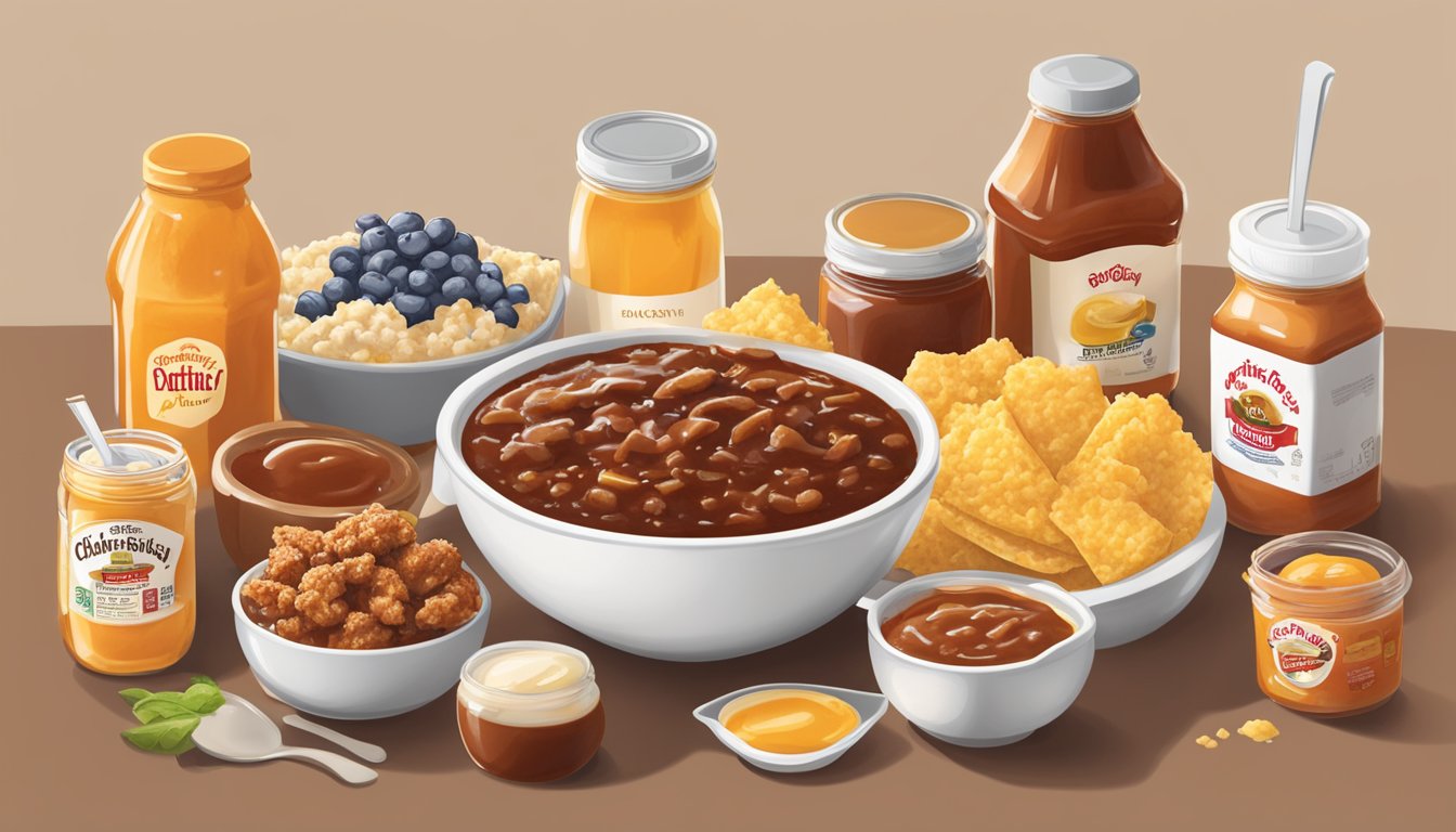 A bowl of honey roasted BBQ sauce being mixed with breakfast salsa, surrounded by Chick-fil-A breakfast items