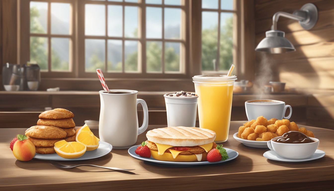 A sunny morning with a variety of Chick-fil-A breakfast items displayed on a rustic wooden table, surrounded by fresh fruits and a steaming cup of coffee