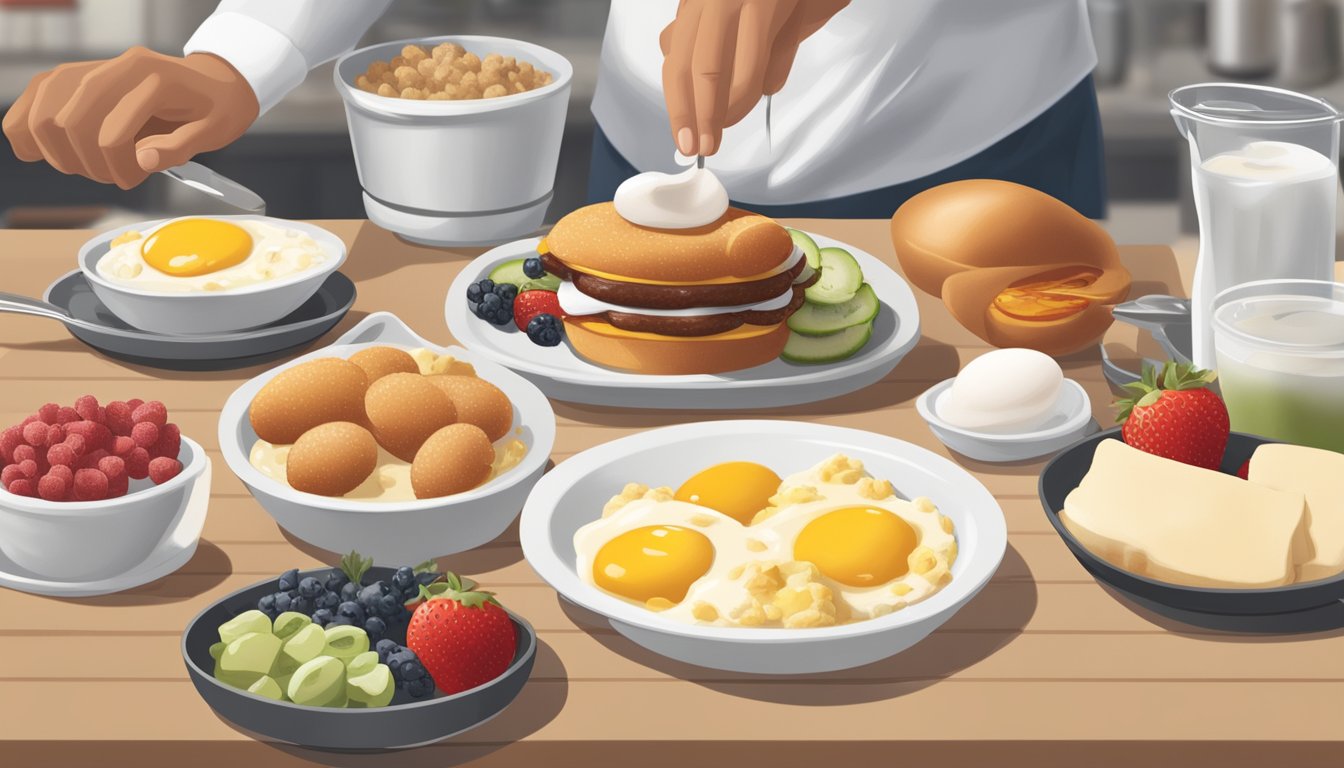 A person adding various ingredients to a Chick-fil-A breakfast meal, including eggs, sausage, and fruit, with a menu in the background