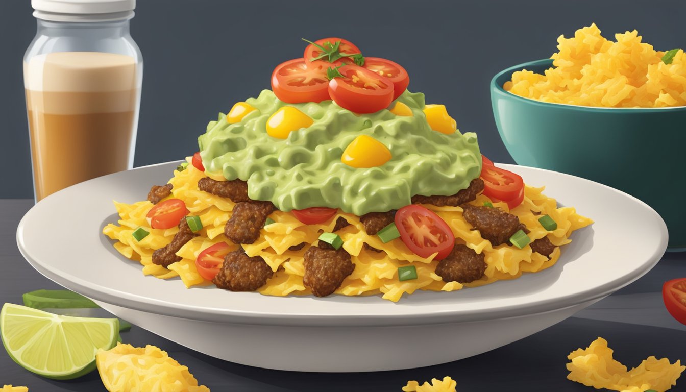 A colorful bowl filled with layers of scrambled eggs, crispy hash browns, diced tomatoes, and shredded cheese, topped with a dollop of creamy guacamole and drizzled with zesty salsa