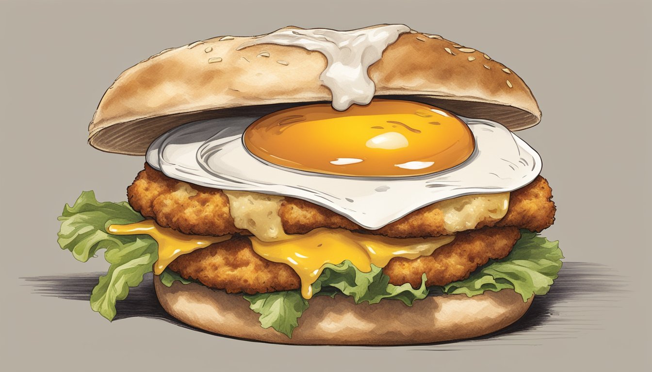 A sizzling chicken patty topped with melted cheese and a fried egg, sandwiched between a toasted English muffin