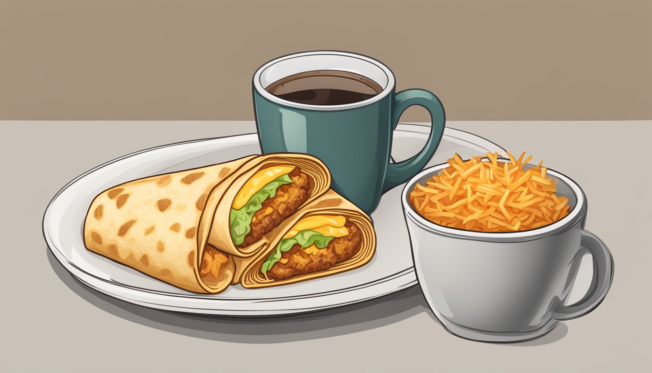 A breakfast burrito with a side of crispy golden hash browns, served on a plate with a cup of hot coffee