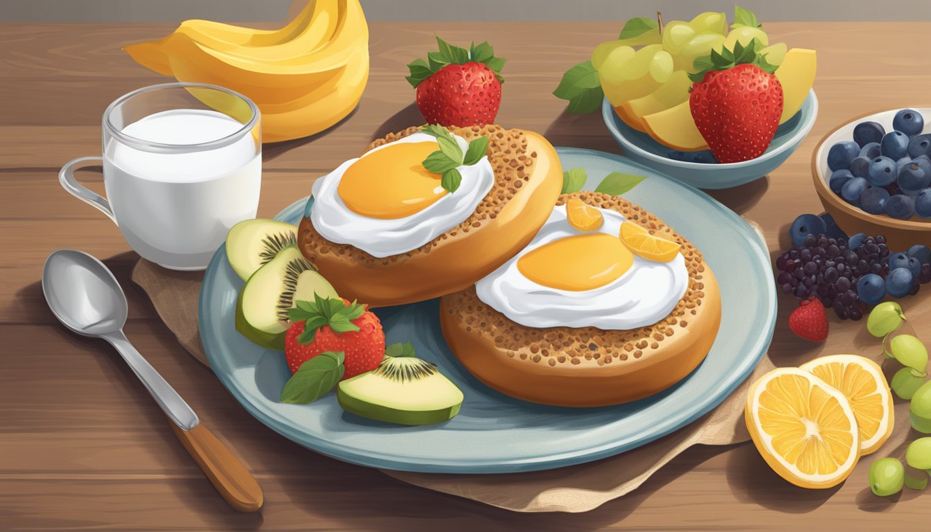 A sunflower multigrain bagel surrounded by fresh fruit and a cup of yogurt on a wooden breakfast table