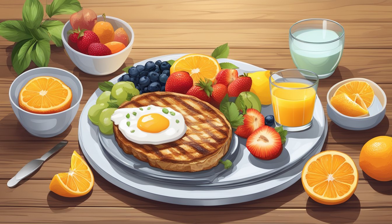 A plate with a grilled breakfast fillet surrounded by fresh and colorful fruits, a cup of yogurt, and a glass of orange juice on a wooden table