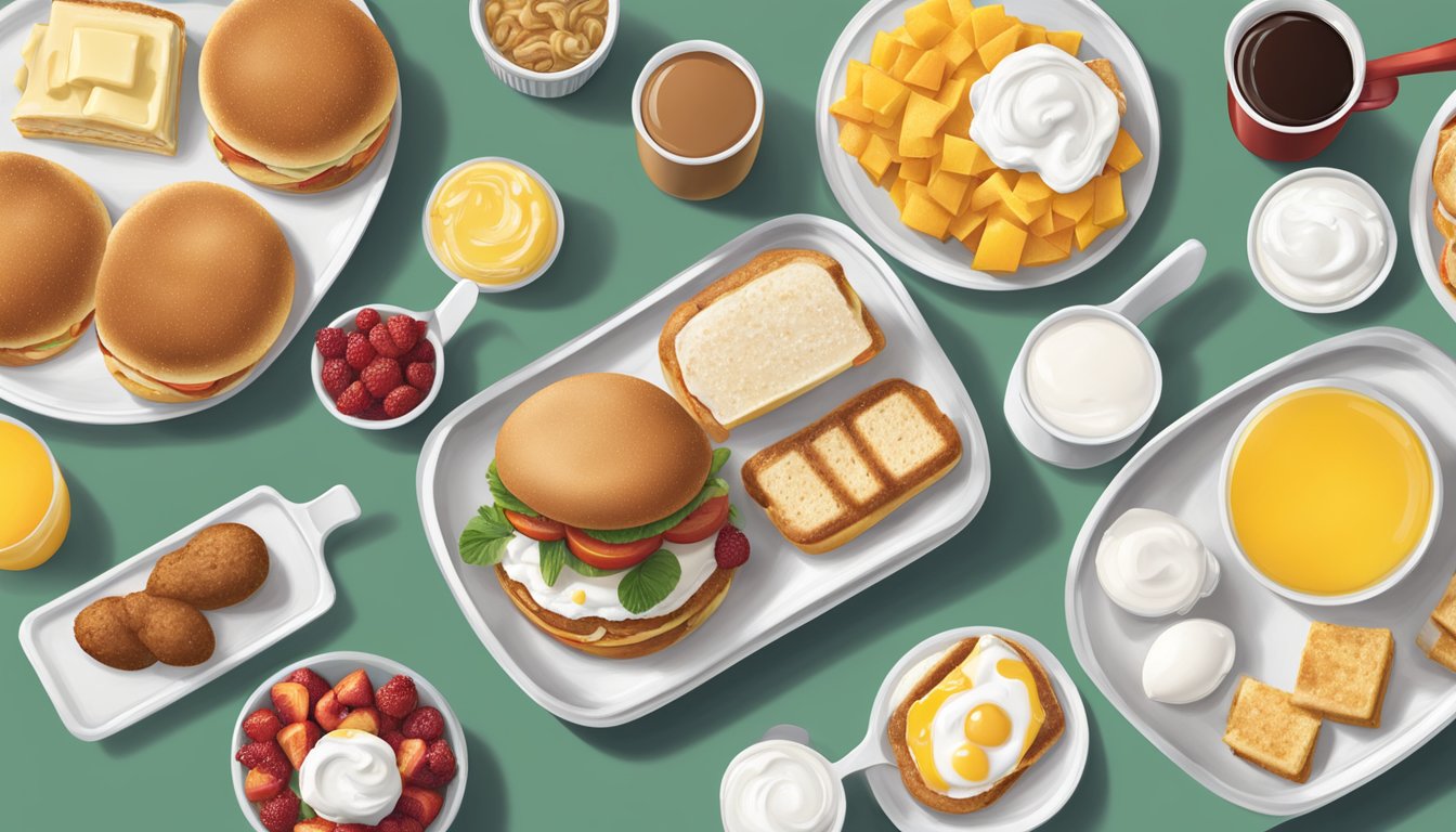 A table spread with a variety of Chick-fil-A breakfast items, including fruit, yogurt, and egg white grill sandwiches