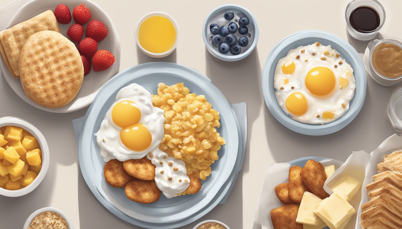 A table with a spread of Chick-fil-A breakfast items: egg white grill, Greek yogurt parfait, fruit cup, multigrain oatmeal, and a chicken biscuit