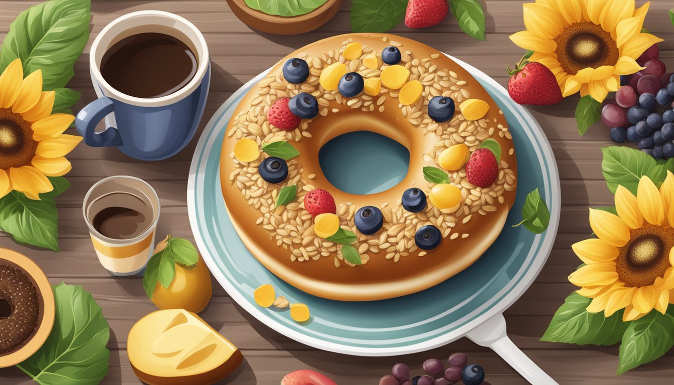 A sunflower multigrain bagel surrounded by fresh fruits and a cup of coffee on a table