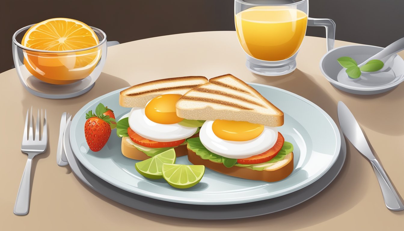 A plate with an Egg White Grill sandwich and a fruit cup, set on a table with a drink and utensils