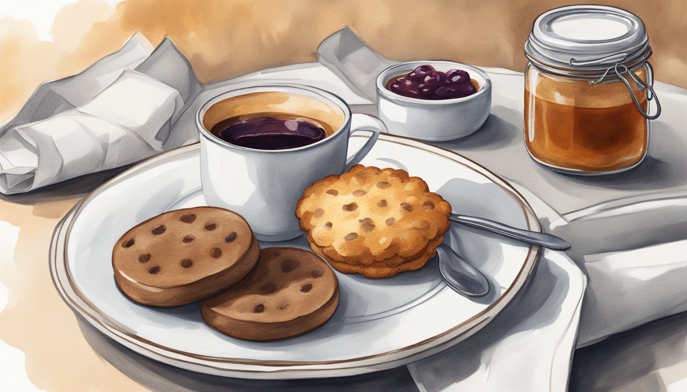 A steaming cup of coffee sits next to a golden-brown sausage biscuit on a white plate, with a napkin and a small jar of jam nearby