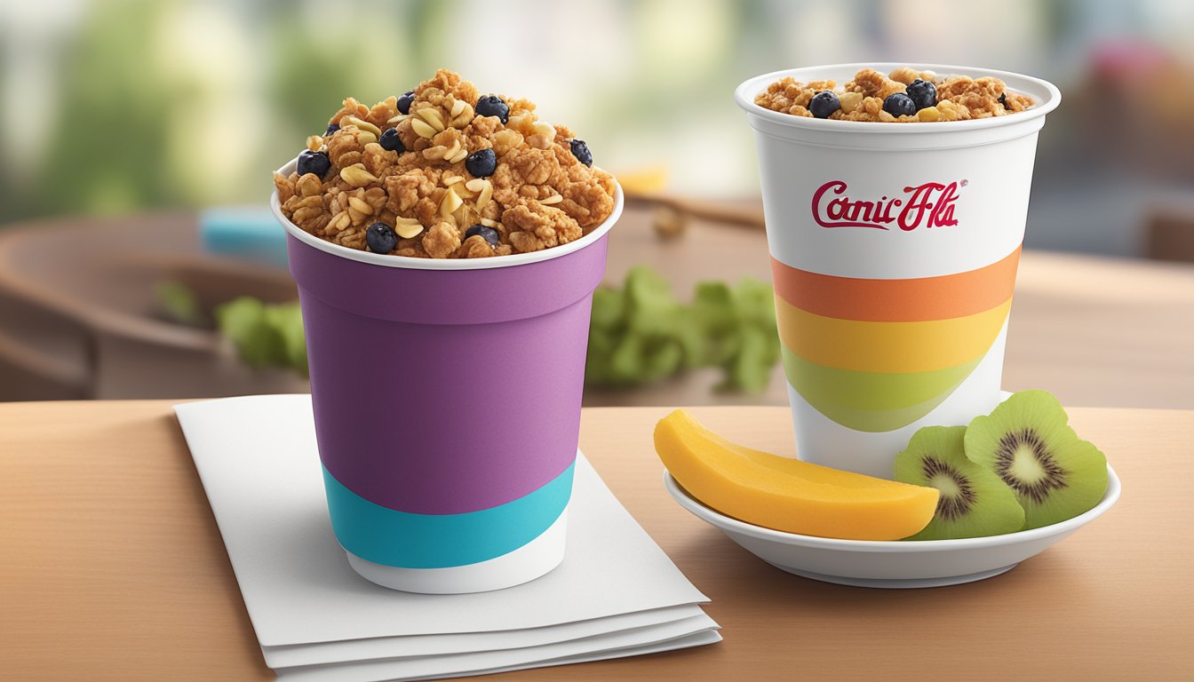 A colorful fruit cup topped with nut granola sits next to a Chick-fil-A breakfast menu showcasing 10 combos under 500 calories