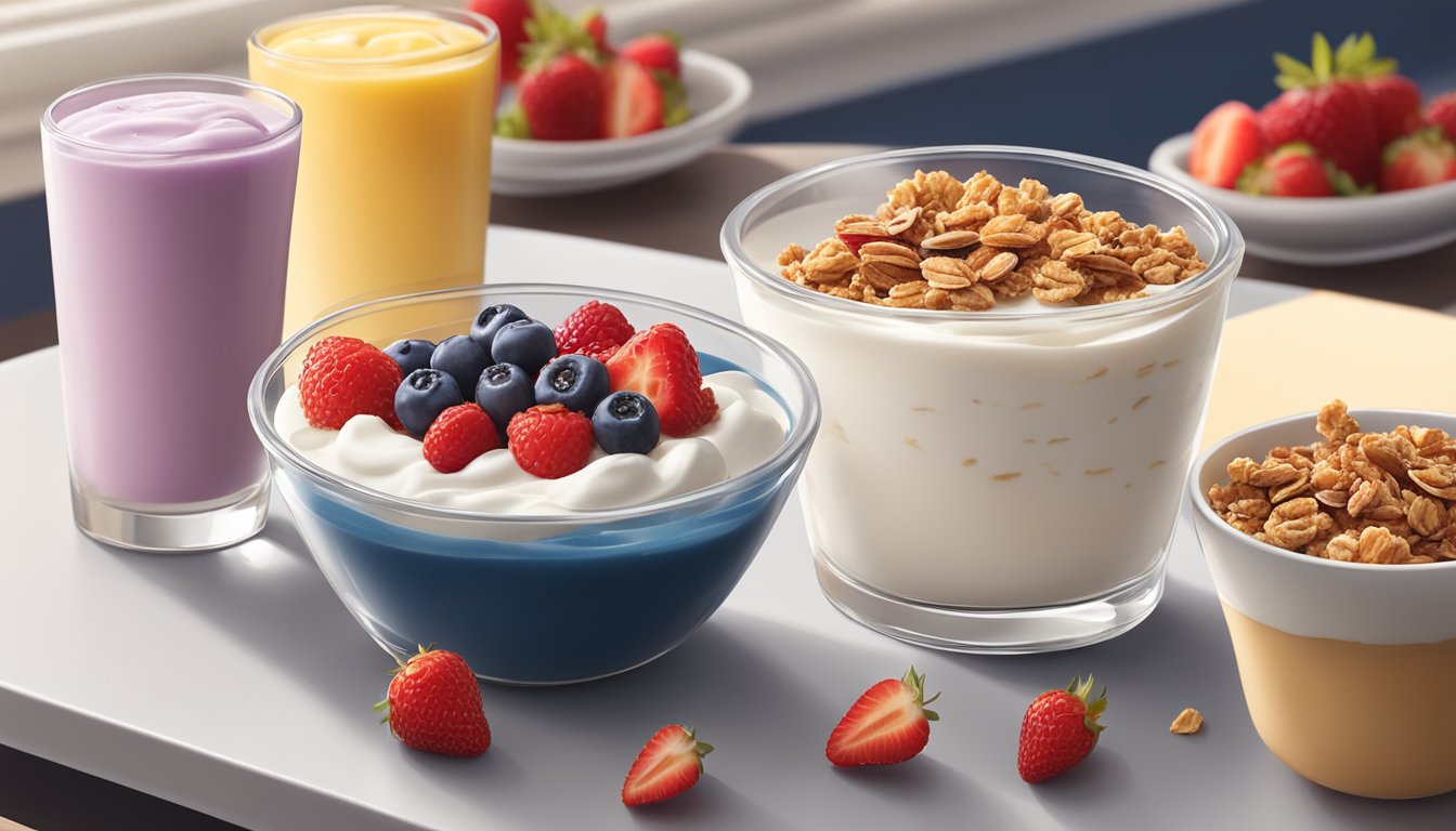 A glass parfait dish filled with layers of creamy Greek yogurt, crunchy granola, and fresh berries, sitting on a table next to a Chick-fil-A breakfast menu