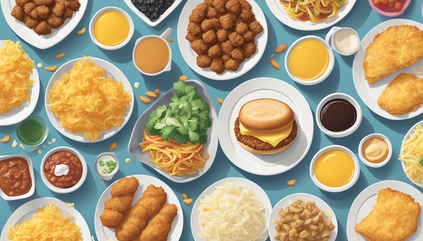 A table set with 10 plates of Chick-fil-A breakfast combos, including hash browns, all under 500 calories, surrounded by colorful illustrations of ingredients