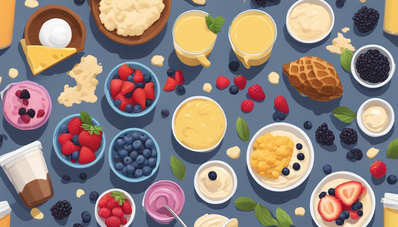 A colorful array of mixed berries, protein powder, and Chick-fil-A breakfast items scattered on a wooden table