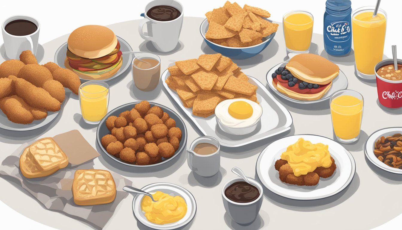 A table with a variety of Chick-fil-A breakfast items neatly arranged, accompanied by a nutritional guideline chart showing their calorie counts