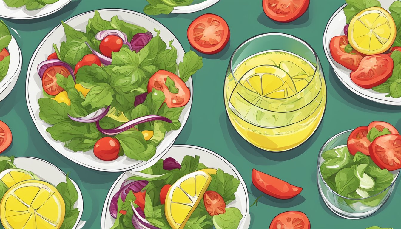 A colorful salad with spicy ingredients next to a refreshing glass of lemonade