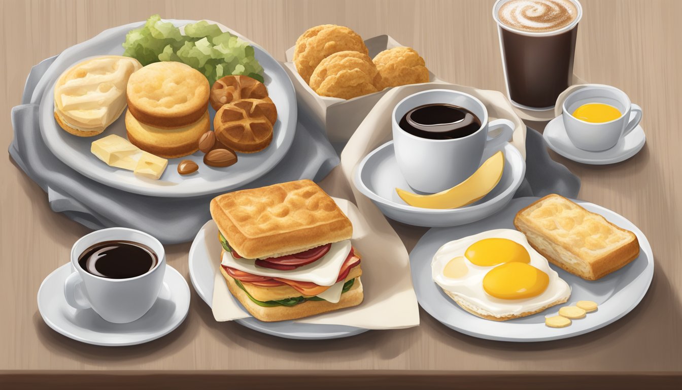 A table with a variety of breakfast items from Chick-fil-A, including biscuits, egg sandwiches, fruit, and coffee, arranged neatly and appetizingly