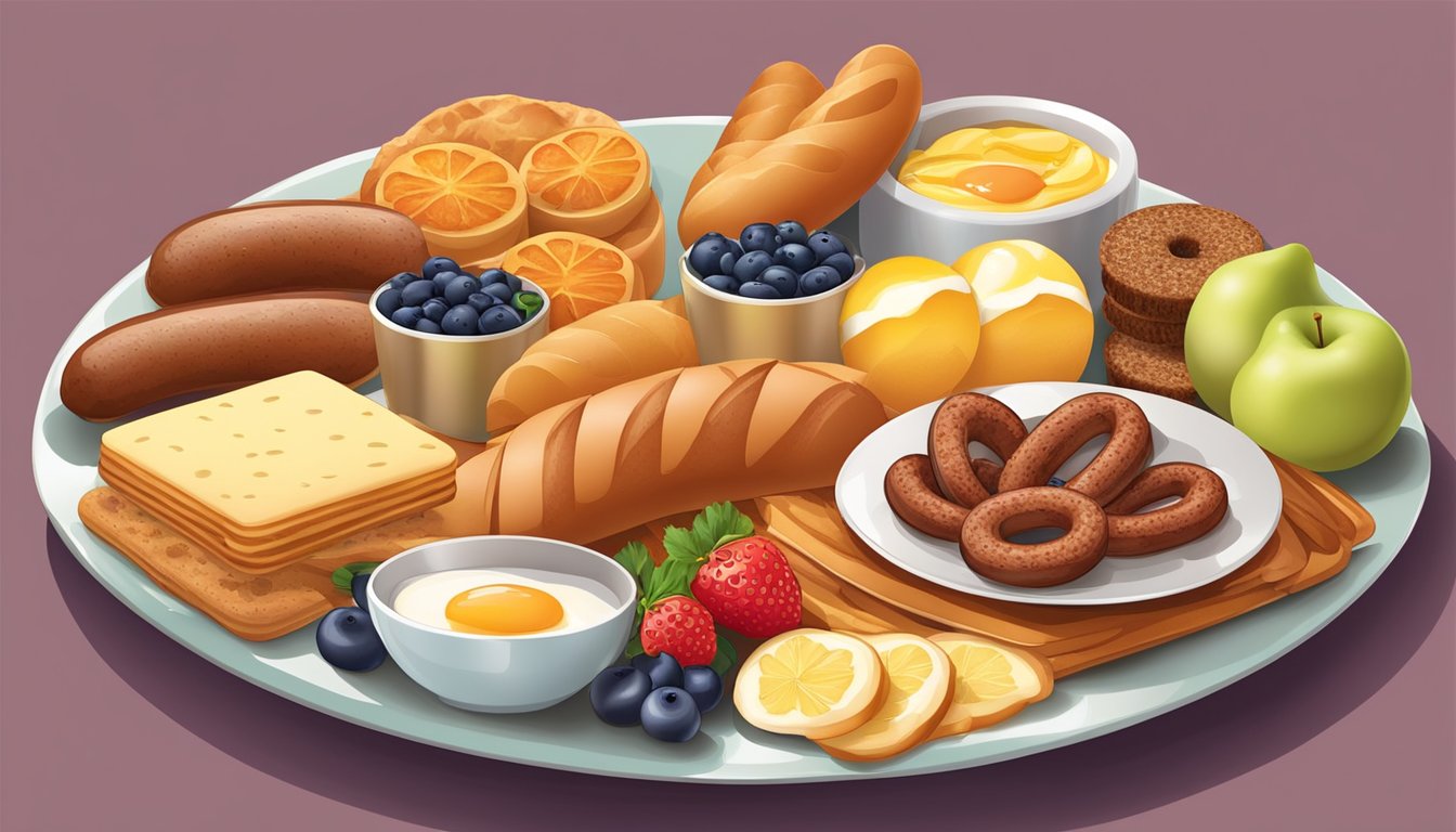 A colorful platter with assorted breakfast items, including sausages, eggs, biscuits, and fruit, arranged in an appetizing display