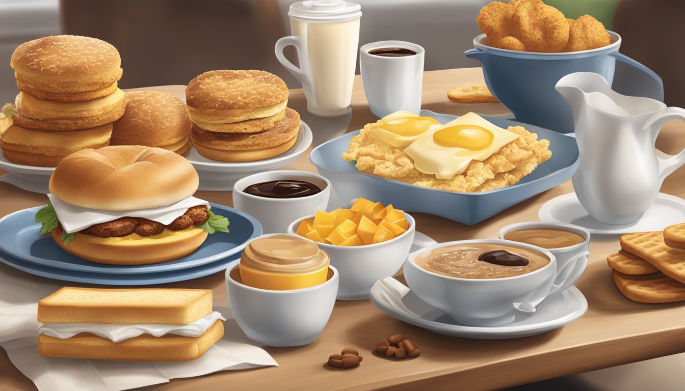 A table set with a variety of breakfast items, including Chick-fil-A sandwiches, biscuits, and coffee, arranged in an appealing and appetizing display