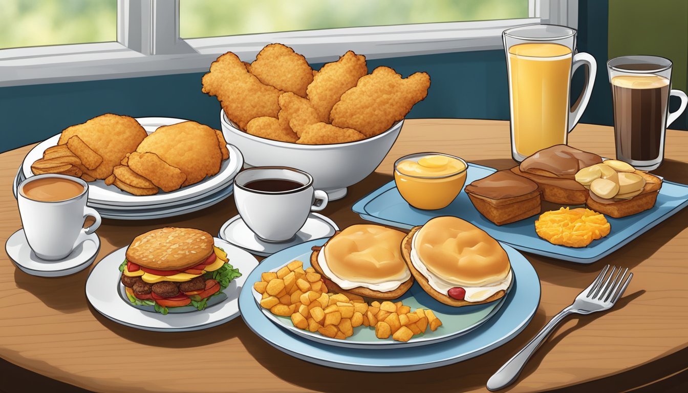 A table set with a variety of breakfast items, including chicken biscuits, fruit, coffee, and hash browns, arranged in an appealing and appetizing display