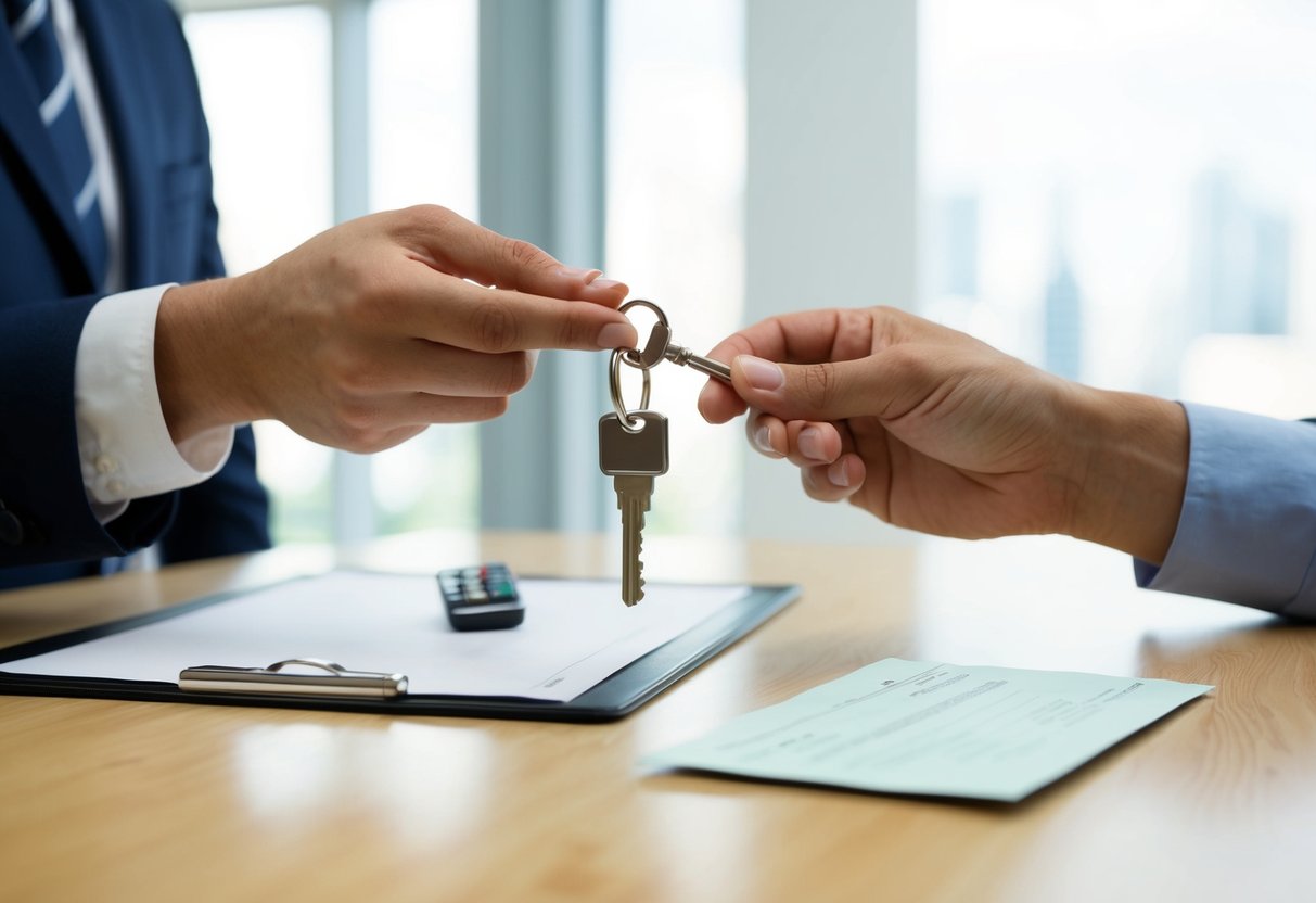 A landlord handing over keys to a new tenant, with a check for the security deposit on the table