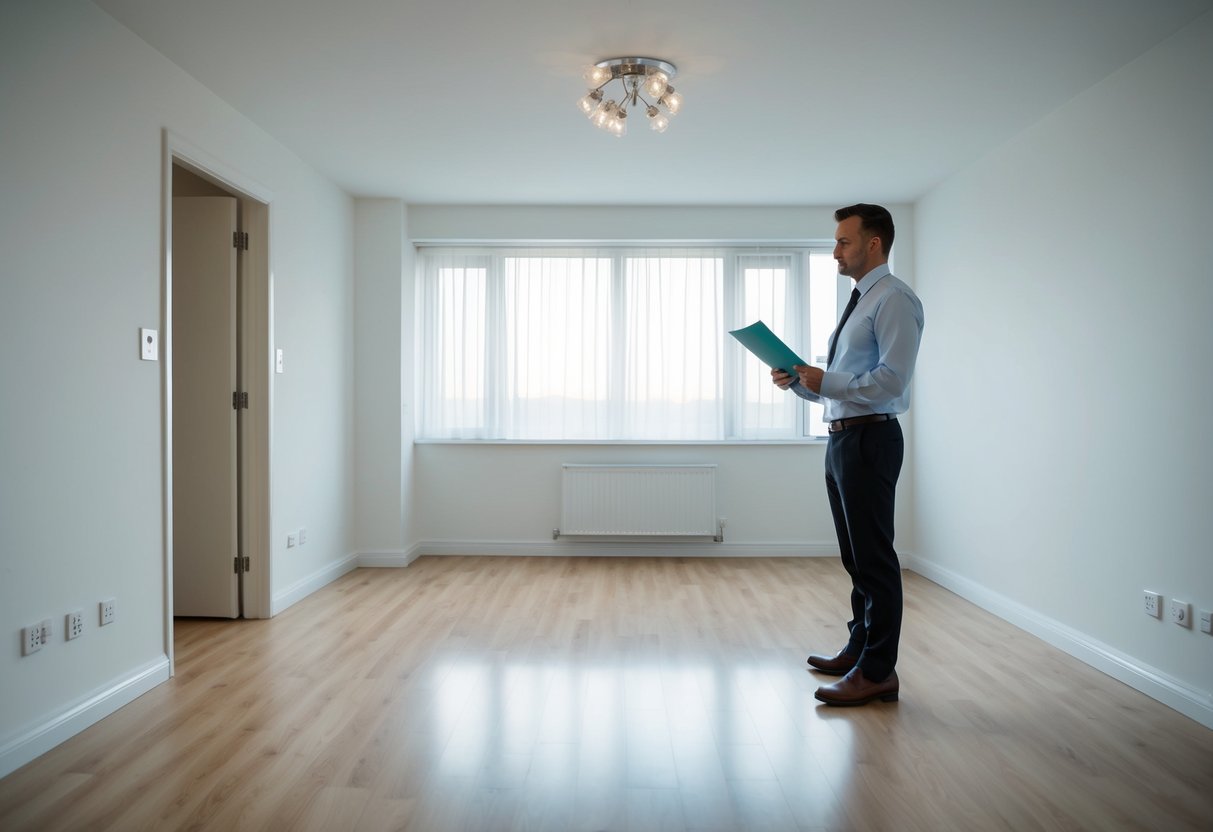 A tidy apartment with empty rooms, spotless floors, and no visible damage. A landlord holding a checklist and inspecting the property