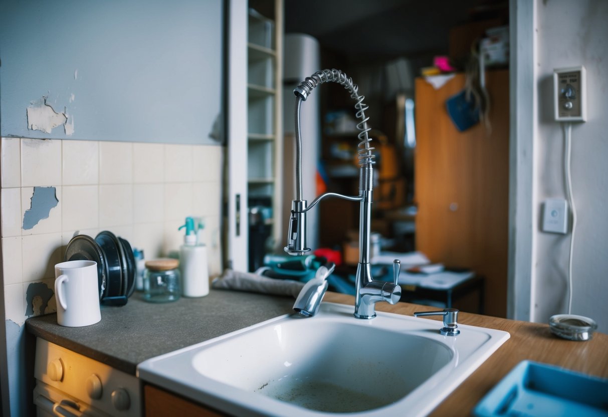 A cluttered apartment with visible wear and tear, a leaky faucet, and chipped paint on the walls