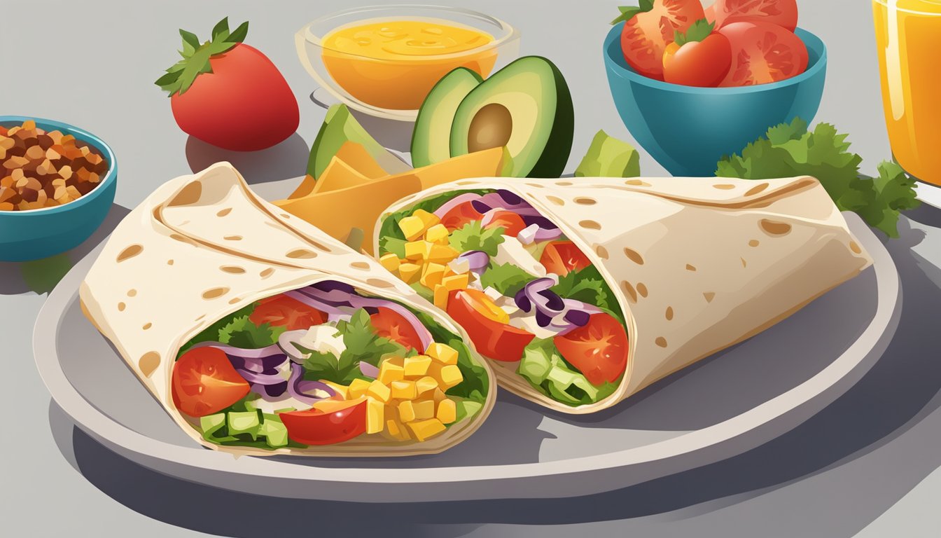 A colorful breakfast wrap surrounded by vibrant Southwestern ingredients on a plate