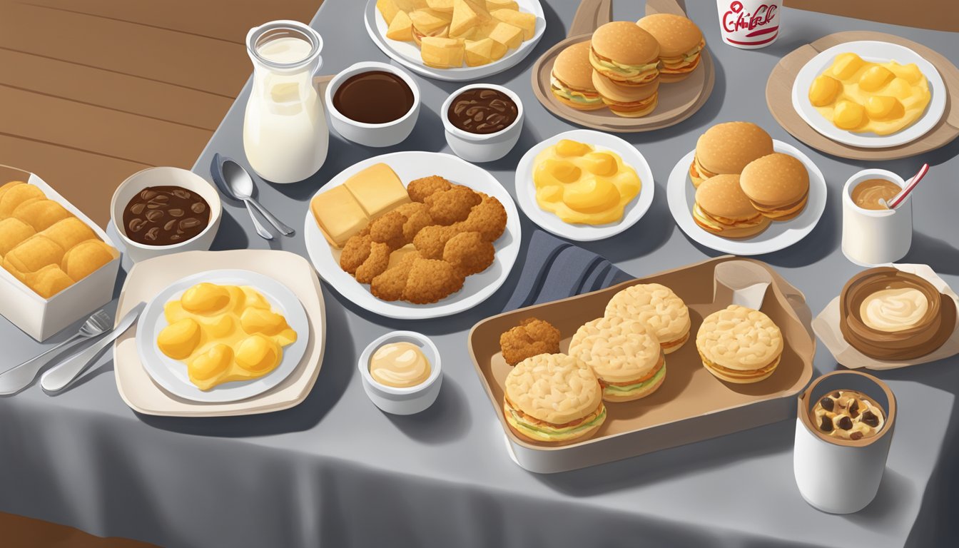 A table set with a warm, buttered biscuit surrounded by 9 Chick-fil-A breakfast items, arranged in an inviting and appetizing display