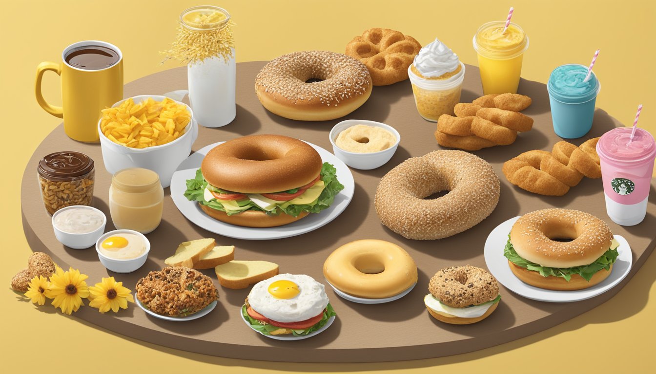 A sunflower multigrain bagel surrounded by 14 Chick-fil-A breakfast items, arranged in an eye-catching display