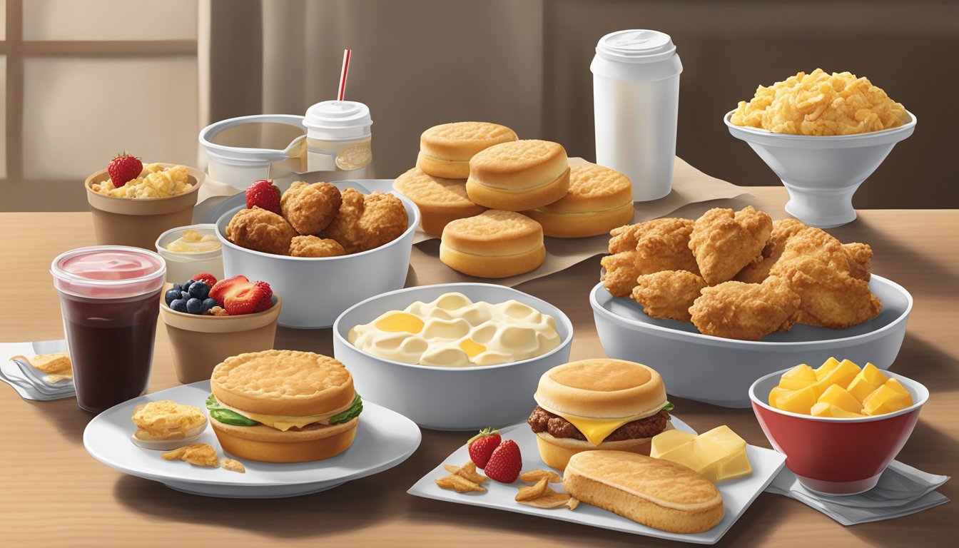 A table spread with 9 Chick-fil-A breakfast items, including biscuits, chicken sandwiches, and fruit cups, arranged in an inviting and appetizing display