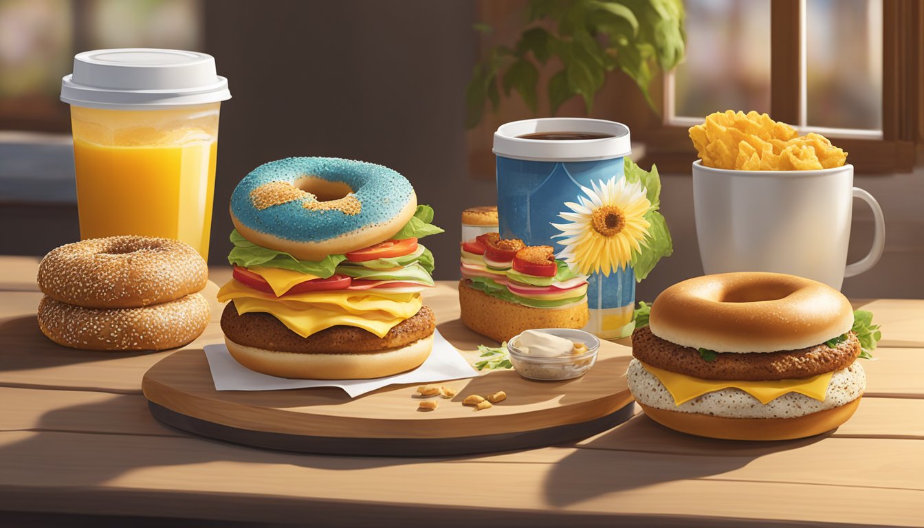 A colorful assortment of sunflower multigrain bagels and Chick-fil-A breakfast items arranged on a wooden table with a warm morning light streaming in from a window