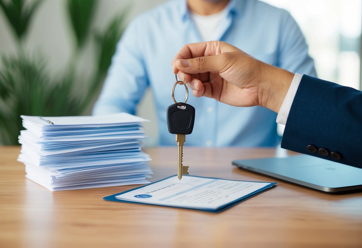 A key being handed over to a landlord, with a stack of paperwork and a check for a security deposit on a rental property