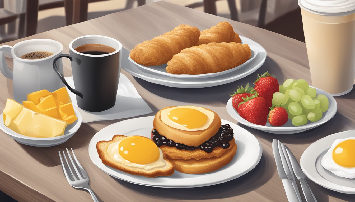 A colorful array of Chick-fil-A breakfast items displayed on a table with fresh fruit and a steaming cup of coffee