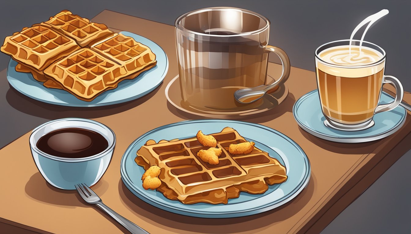 A table set with a plate of chicken and waffles, accompanied by a warm cup of coffee and a side of syrup