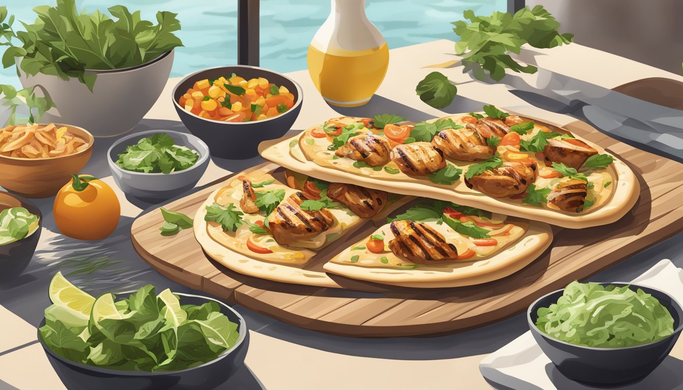 A sizzling grilled chicken flatbread surrounded by fresh ingredients on a clean, modern table setting